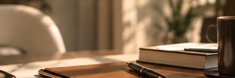 A notebook, pen and books on a desk